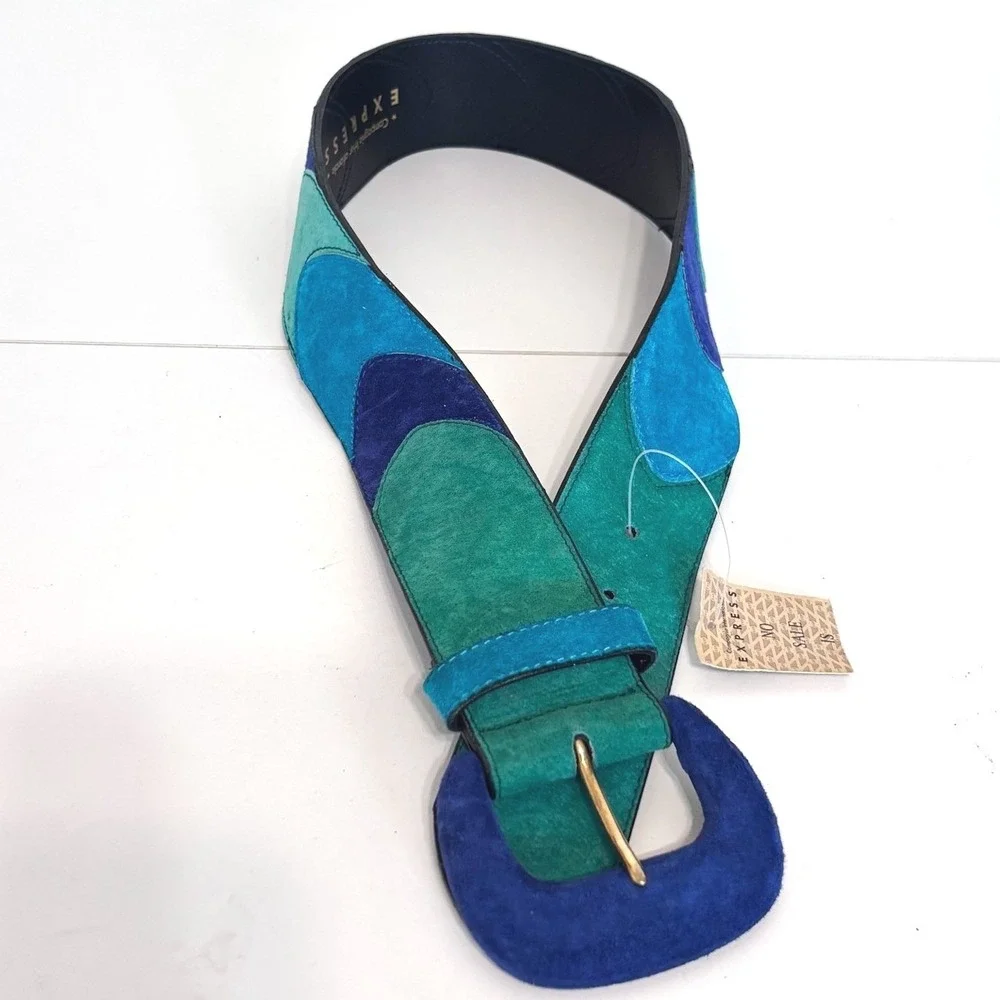 Express Vintage 80s Colorblock Suede Belt Small Blue Green Statement Artsy Funky